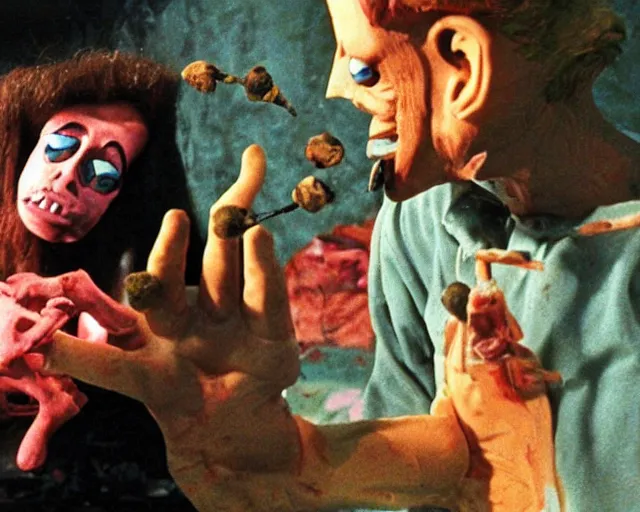 Image similar to still from a full - color 1 9 9 3 surreal creepy live - action stop - motion puppetry film by fred stuhr in the style of a tool music - video, involving nails and soap.