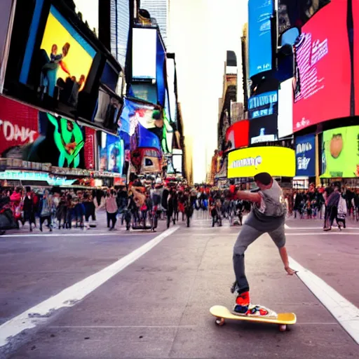 Image similar to a cool lemon riding a skateboard in times square new york