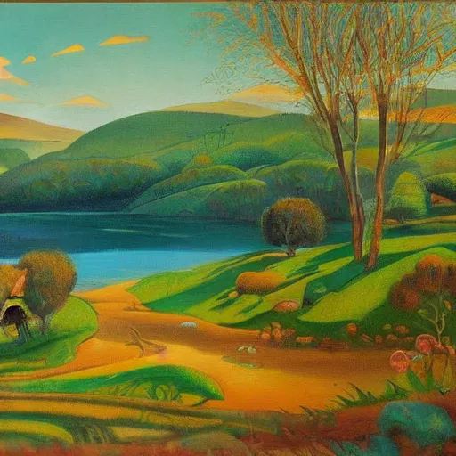 Image similar to A beautiful painting of a landscape. It is a stylized and colorful view of an idyllic, dreamlike world with rolling hills, peaceful looking animals, and a flowing river. The scene looks like it could be from another planet, or perhaps a fairy tale. harlequin by William Gropper defined