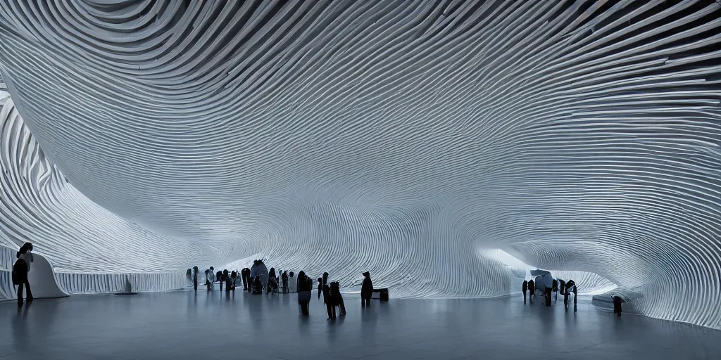 Image similar to extremely detailed stunning beautiful futuristic smooth curvilinear museum interior, hyper real, 8k, 3D cinematic volumetric light, atmospheric light