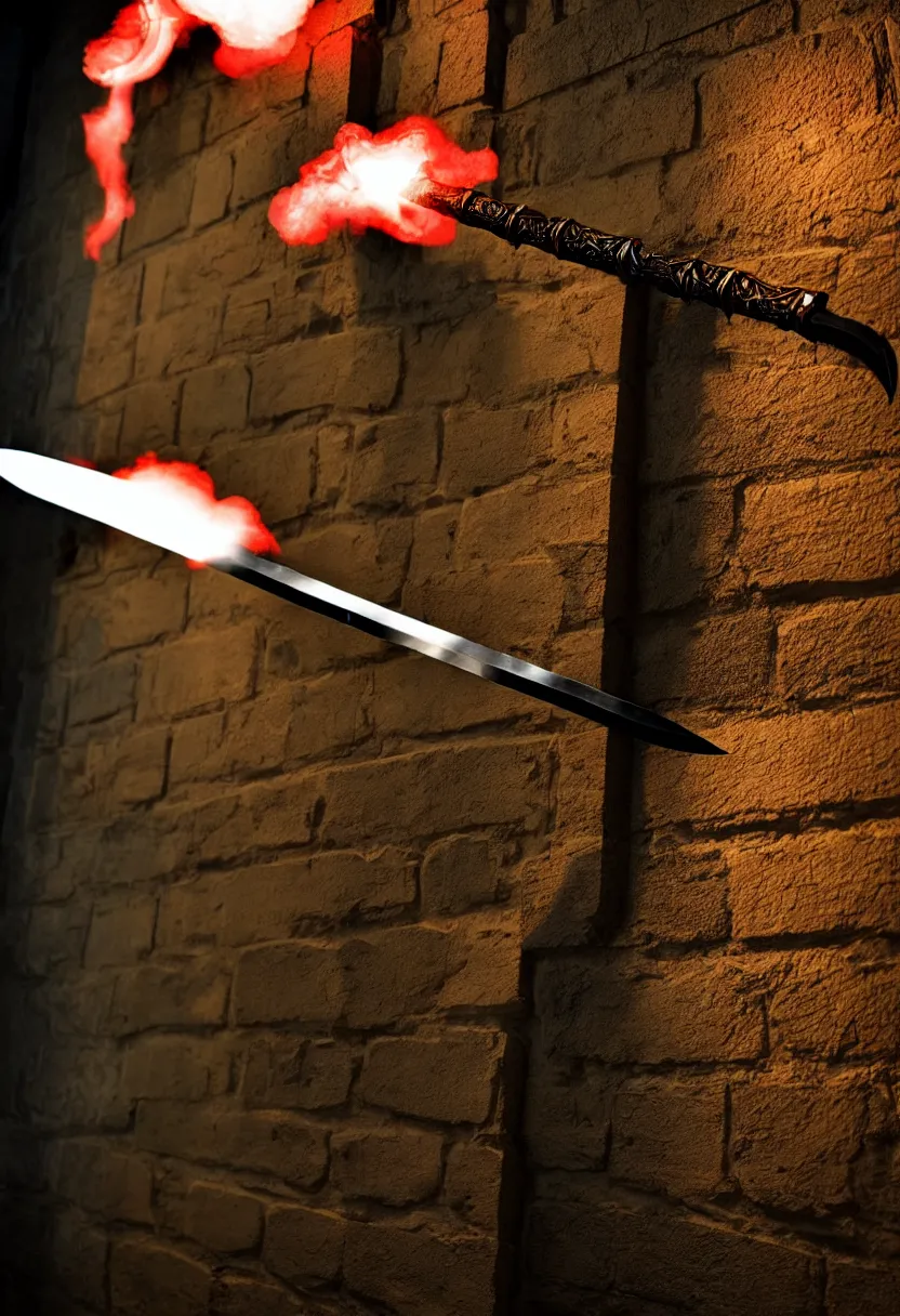 Image similar to photo of a magical fantasy longsword displayed on a wall. the sword is glowing with hot fire power and giving off a subtle black smoke.