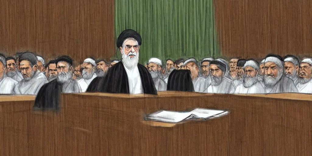 Image similar to khamenei in court, courtroom drawing