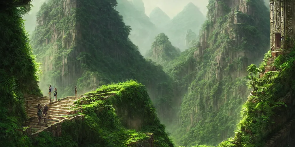 Image similar to a lost city on a cliff full of green plants and a long - haired loli standing in the middle of the road, 4 k resolution, ultra detailed, matte oil painting, mysterious, artstation, art by greg rutkowski