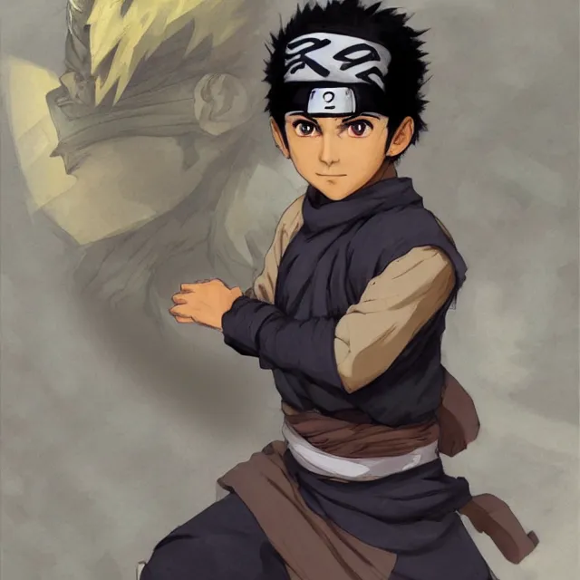 Image similar to a pakistani boy as a naruto shinobi wearing a headband, portrait, elegant, intricate, digital painting, artstation, concept art, smooth, sharp focus, illustration, art by konstantin korovin and daniel f. gerhartz and john howe