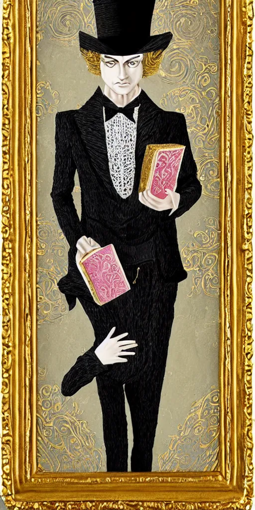 Prompt: beautiful detailed acrylic painting mystical mentalist man, has blond hair and a top hat. Wearing embroidered noble clothes. Heterochroma eyes. A small book with gold filigree in hand. Renaissance. Fantasy.