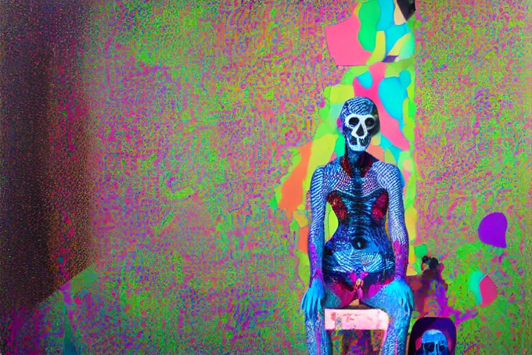 Prompt: portrait of a morphed mosaic painted harlequin sitting on a plastic garden chair and a pixel glitched skull looking into a screen doing makeup by james jean and luc tuymans and beeple and hernan bas and pat steir and hilma af klint, psychological, dripping paint, high quality render, masterpiece, wideshot