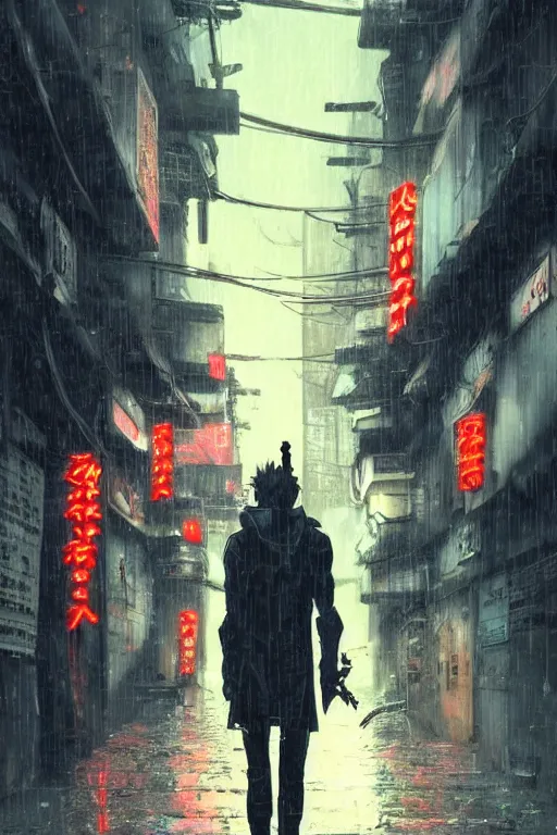 Prompt: a cyberpunk samurai in a raining cobblestone alleyway in tokyo, neon lights, full moon, fog cinematic greg rutkowski anime art hunter x hunter togashi