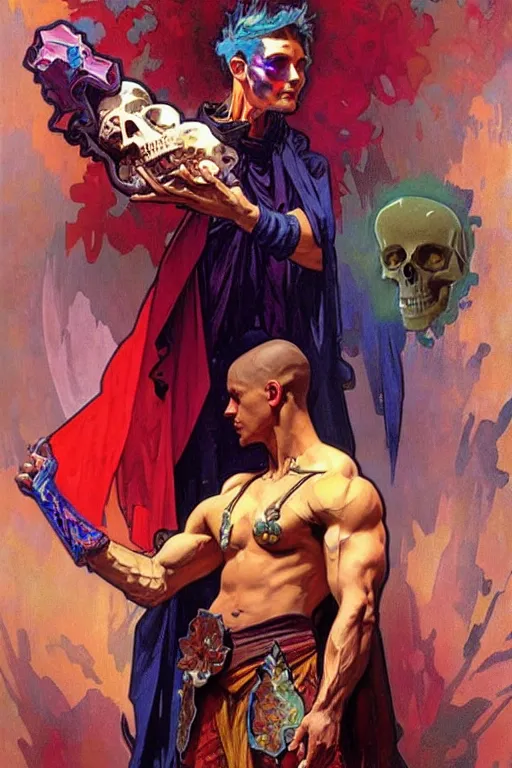 Image similar to A mage wearing colorful clothes, muscular, fantasy, holding a skull, painting by greg rutkowski and alphonse mucha