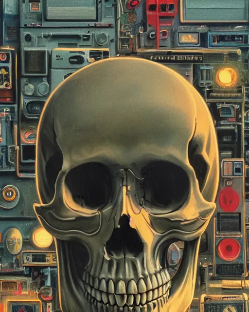 Image similar to a skull observing 8 0 s era technology, vintage shapes, retro technology, vintage color, wayne barlow, oil on canvas, deep depth of field, masterpiece, cinematic composition, hyperdetailed