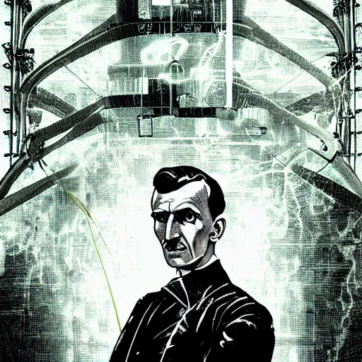 Image similar to Nikola Tesla electrical cyberpunk artwork