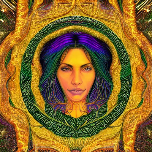Prompt: a majestic portrait of a woman with her vascular structure connected to aws logo, digital painting, high detail, 8 k, intricate ornamental details, vibrant iridescent colors, green magenta and gold