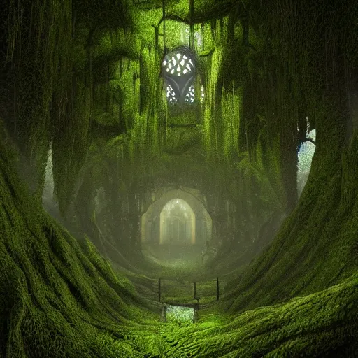 Image similar to concept art, cathedral in a rain forrest, moss, symmetry, octane, soft render, intricate, blender art, the golden ratio, mysticism, cinematic, hd wallpaper