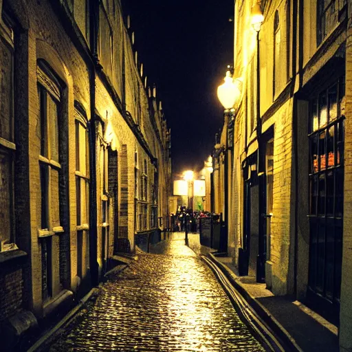 Image similar to photo, london cobblestone street at night, 5 0 mm f / 1. 4, cinestill 8 0 0,