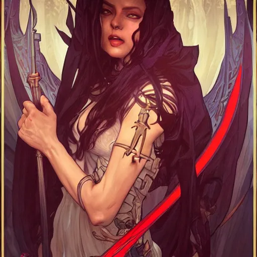 Image similar to Demon Knight of Death, by Artgerm and Greg Rutkowski and Alphonse Mucha