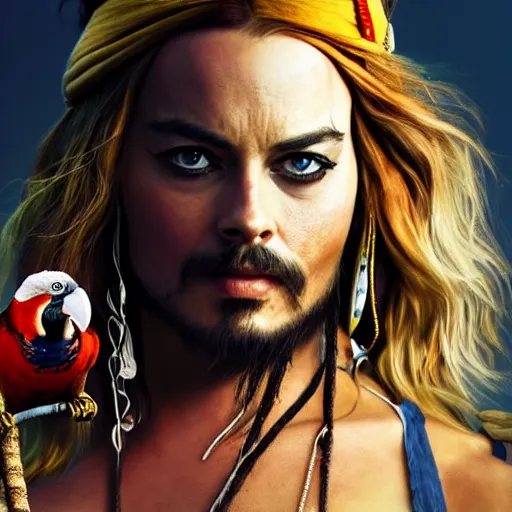 Image similar to margot robbie as jack sparrow with a parrot on the shoulder, realistic portrait, 8k resolution, hyper detailed, studio lighting, cinematic