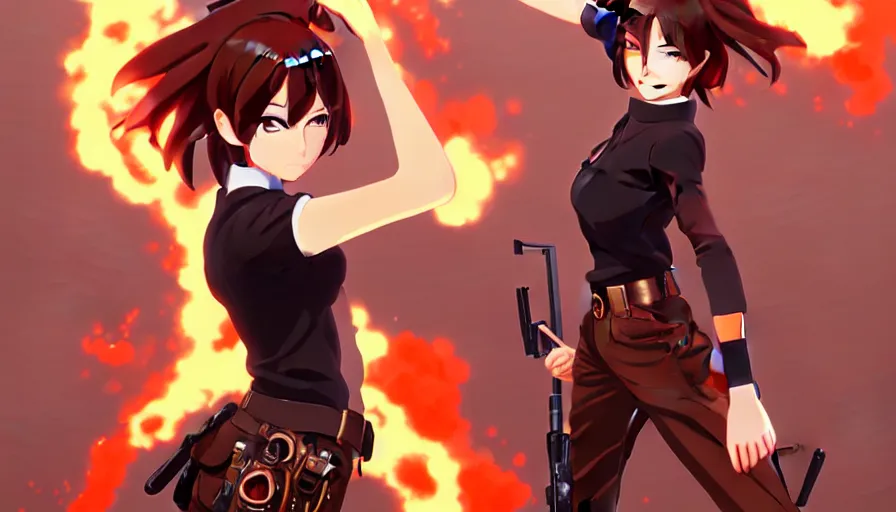 Image similar to makoto shinkai, artgerm, ilya kuvshinov, steampunk beautiful anime woman, red shirt brown pants, black and red hair hair, symmetrical face, symmetrical eyes, second anime woman with orange hair and black pants, action scene, shooting fire war, detailed, summer setting, cinematic lighting