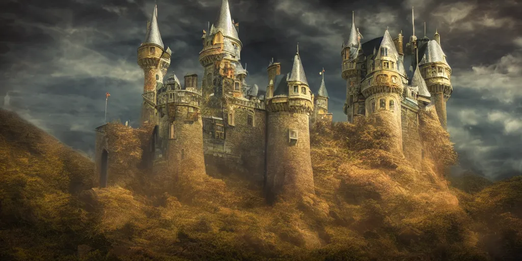 Image similar to a castle, fantasy, hyper realistic, dramatic lighting, cinematic, 35mm lens, 8k,