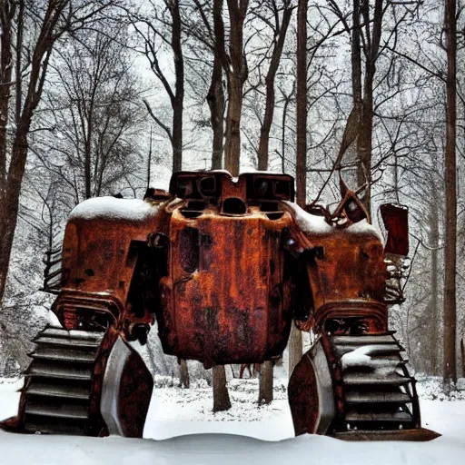 Prompt: rusted out mech in the woods covered in snow