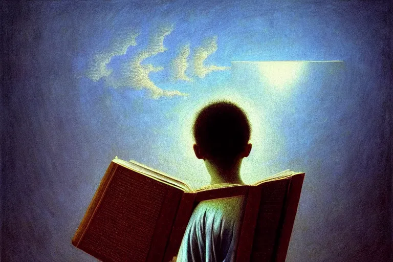 Prompt: boy standing on the opened book and looking at other books floating in the air, in the style of beksinski, intricate and epic composition, sky blue by caravaggio, insanely quality, highly detailed, masterpiece, milk white light, artstation, 4 k