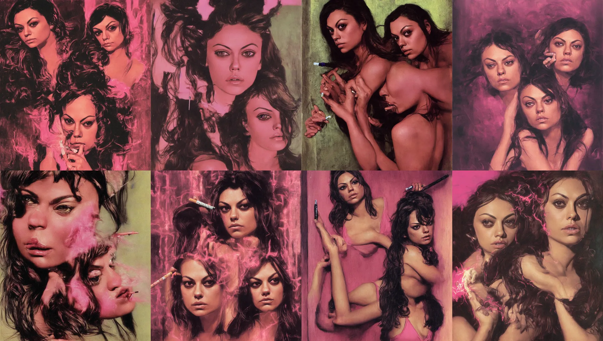 Image similar to close portrait of mila kunis looking into the camera leaning back against a wall smoking a cigarette, pink neon street, 1 9 7 0 s, intricate, moody, personal, highly detailed, short focus depth, donato giancola, joseph christian leyendecker, frank frazetta, alex horley, ralph horsley, michael whelan