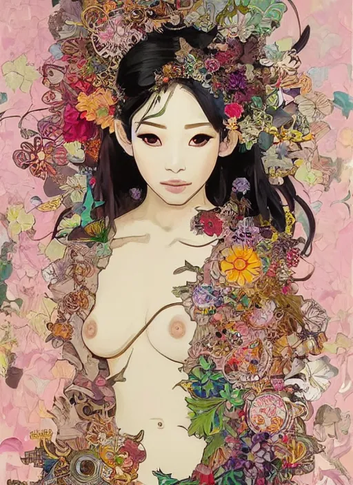 Image similar to !!! very coherent!!! oil painting, beautiful floralpunk balinese cyborg portrait girl female illustration detailed patterns art of bali traditional dress, flower pop art, floral splash painting, art by ashley wood, alphonse mucha, makoto shinkai, geof darrow, dark shadow