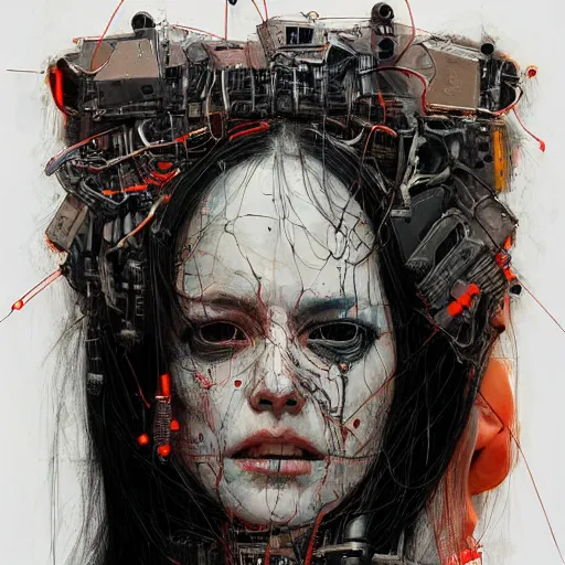 Prompt: a female cyberpunk hacker, skulls, wires cybernetic implants, machine noir, in the style of adrian ghenie esao andrews jenny saville surrealism dark art by james jean takato yamamoto and by ashley wood