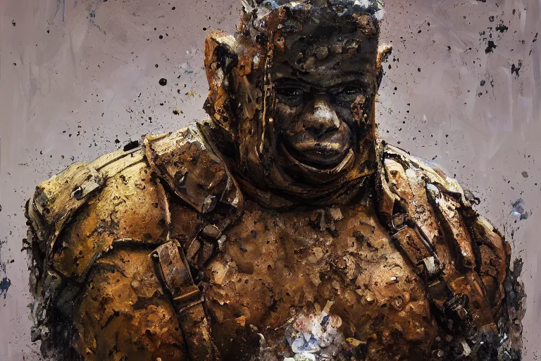 Image similar to palette knife oil painting of a mall security guard turning into a golem of mud and sludge., extreme detail, artstation trending, artgerm, deviant art, octane, substance, art history 8 k