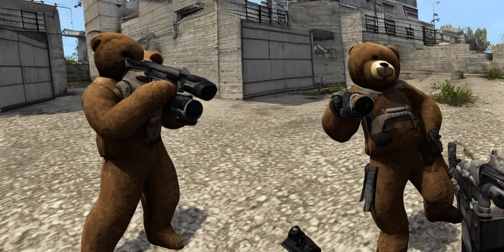 Prompt: a screenshot of a teddy bear inside a counter strike game, the teddy bear is holding a gun, the teddy bear is aiming at another teddy bear