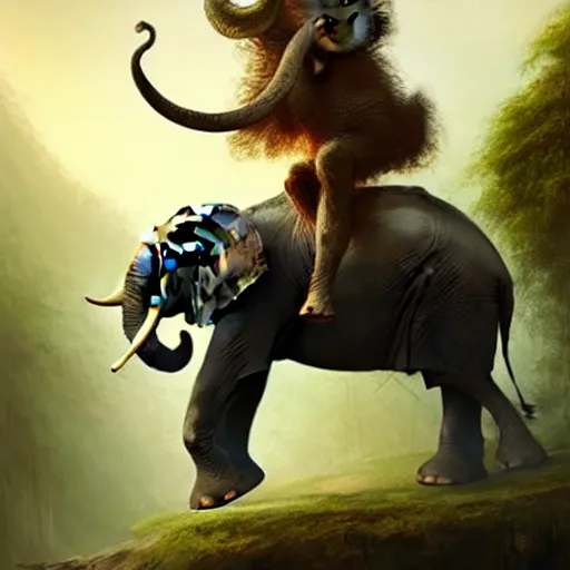 Image similar to a viking riding an elephant in a jungle, digital art, art by greg rutkowski, artstation, deviantart, highly detailed, photorealistic, fantasy art, clean, western comic art, award winning commission