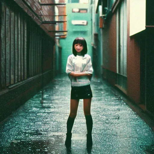 Image similar to 1990s perfect 8K HD professional cinematic photo of close-up japanese schoolgirl posing in sci-fi dystopian alleyway at morning during rain, at instagram, Behance, Adobe Lightroom, with instagram filters, depth of field, taken with polaroid kodak portra