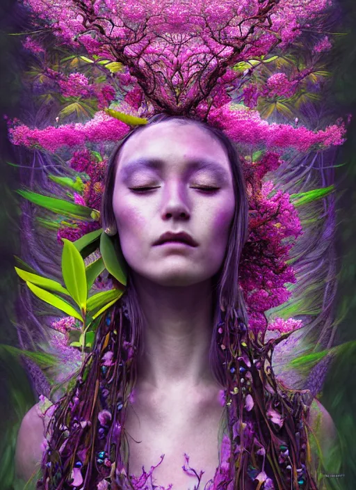 Prompt: psychedelic organic shaman, made of orchids and cherry blossom trees and roots, diffuse lighting, fantasy, intricate, subconscious, highly detailed, photorealistic, digital painting, artstation, beautiful woman, concept art, smooth, sharp focus, by john collier and albert aublet, by amanda sage