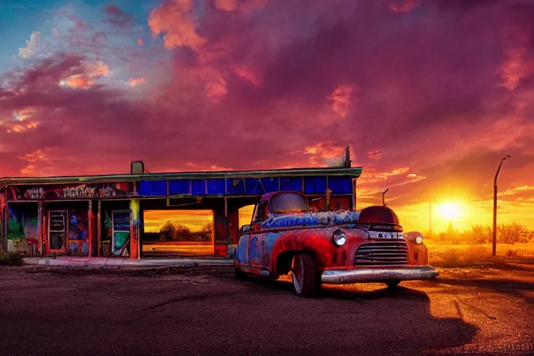 Image similar to a sunset light landscape with historical route 6 6, lots of sparkling details and sun ray ’ s, blinding backlight, smoke, volumetric lighting, colorful, octane, 3 5 mm, abandoned gas station, old rusty pickup - truck, beautiful epic colored reflections, very colorful heavenly, softlight