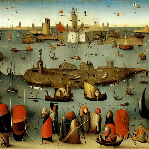 Image similar to Stunning and highly detailed painting of Port Rhu by Hieronymus Bosch