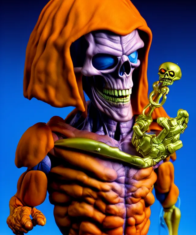 Image similar to hyperrealistic rendering, skeletor, by art of skinner and richard corben and jeff easley, product photography, action figure, sofubi, studio lighting, colored gels