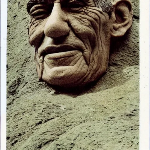 Prompt: old color postcard : abe vigoda's face carved into a mountainside, 6 0 0 feet tall.