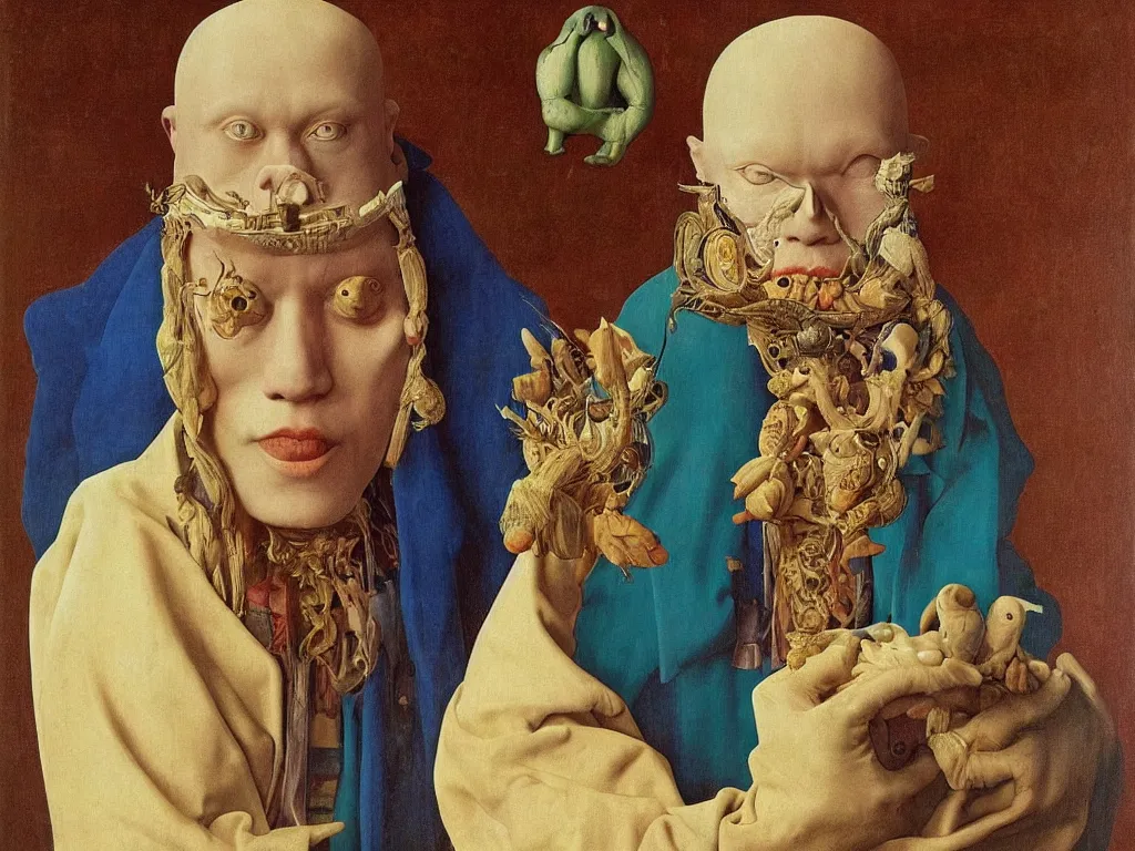 Prompt: portrait of albino mystic with blue eyes, with beautiful exotic, archaic, prehistoric, Burmese mask. Painting by Jan van Eyck, Audubon, Rene Magritte, Agnes Pelton, Max Ernst, Walton Ford