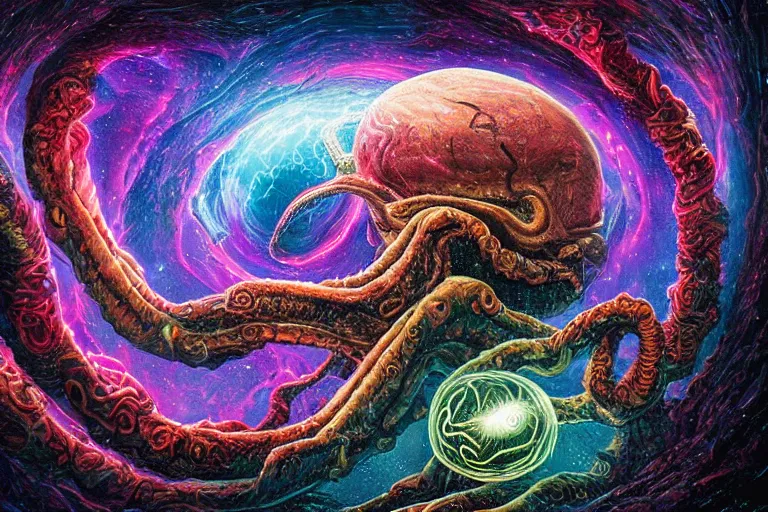 Prompt: a giant skull and flesh creature with deep and intricate rune carvings and glowing eyes and twisting lovecraftian tentacles emerging from a space nebula by dan mumford, twirling smoke trail, a twisting vortex of dying galaxies, digital art, photorealistic, vivid colors, highly detailed, intricate