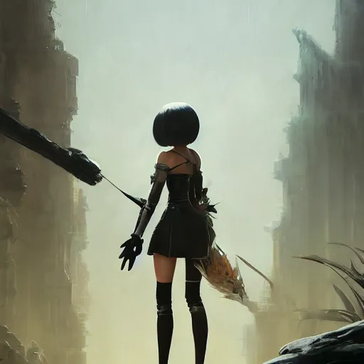 Image similar to highly detailed painting of 2 b nier automata, stephen bliss, 8 k, unreal engine, by greg rutkowski, loish, rhads, artgerm, ferdinand knab, makoto shinkai and lois van baarle, ilya kuvshinov, rossdraws, tom bagshaw, global illumination, radiant light, detailed and intricate environment