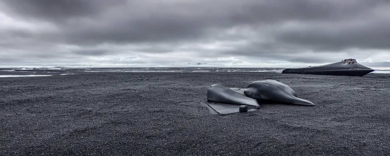 Image similar to low angle cinematic shot of giant futuristic military spacecraft in the middle of an endless black sand beach in iceland with icebergs in the distance,, 2 8 mm