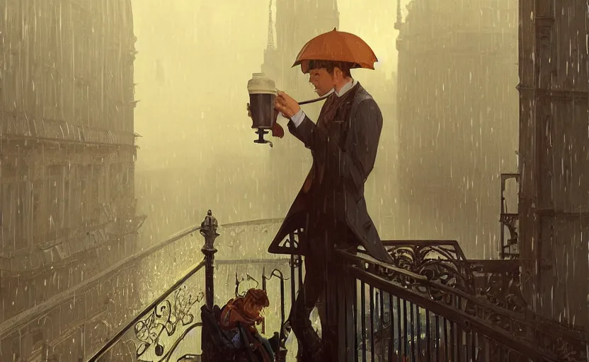 Image similar to gentleman drinking coffee at balcony in france, city with eiffel tower seen behind, night raining, detailed characters, by greg rutkowski, alphonse mucha, beeple, sharp focus, digital art, smooth, light refraction, pixiv art, volumetric lighting, makoto shinkai