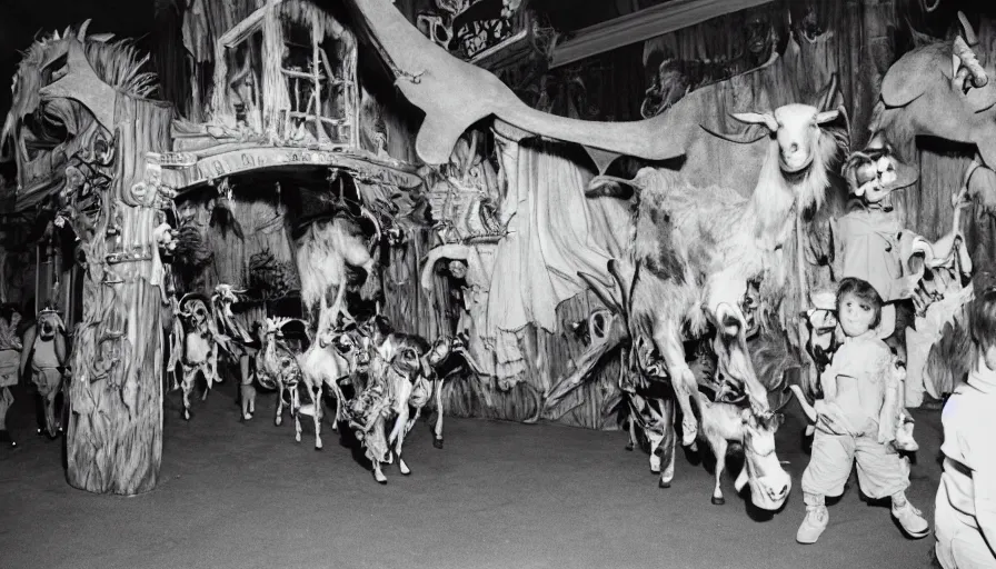 Image similar to 1980s photo of inside the Magic goats haunted house ride at Disney World in Orlando, Florida, children riding on robotic goats through a haunted house, cinematic, UHD