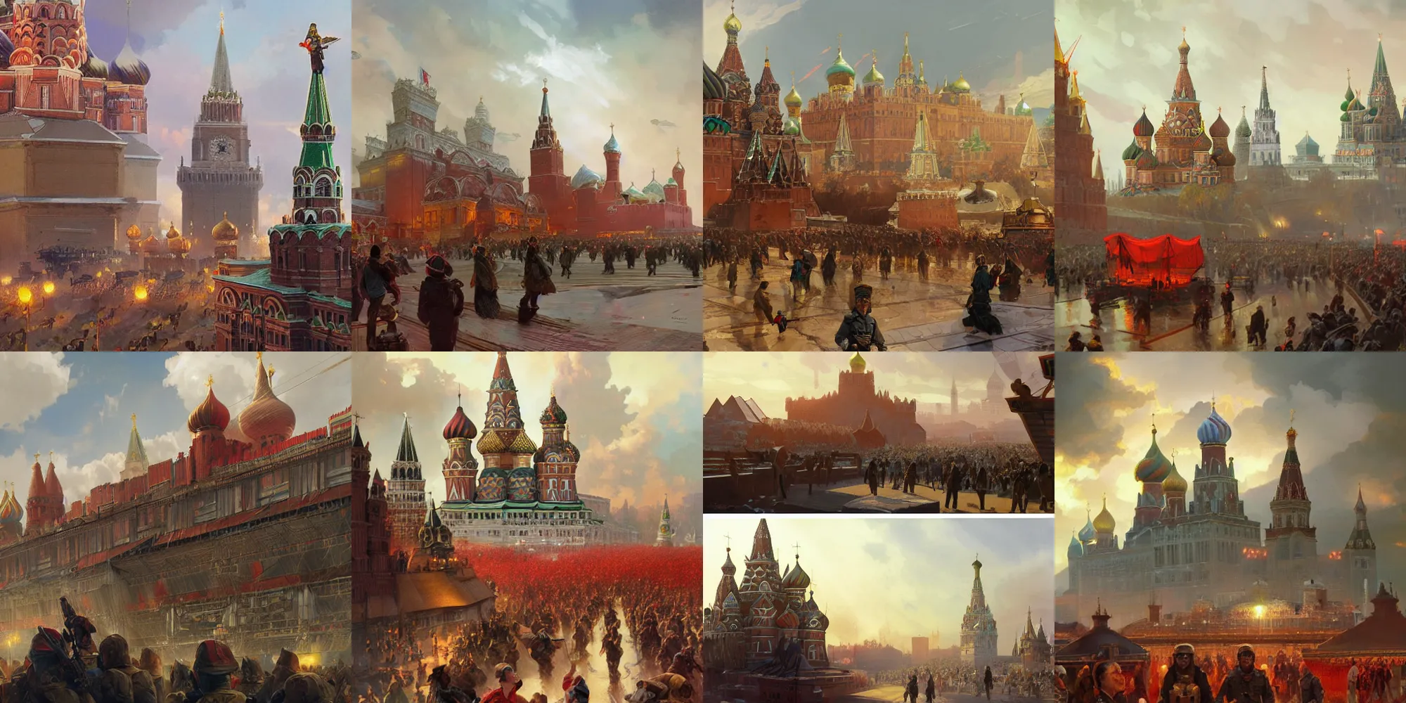 Prompt: Moscow, the temple of soldiers of the future, Wooden houses, enthusiastic crowd, red flags holiday, airships in the sky, cloudy sunny day, highly detailed, digital painting, artstation, concept art, illustration, art by Artgerm and greg rutkowski and alphonse mucha