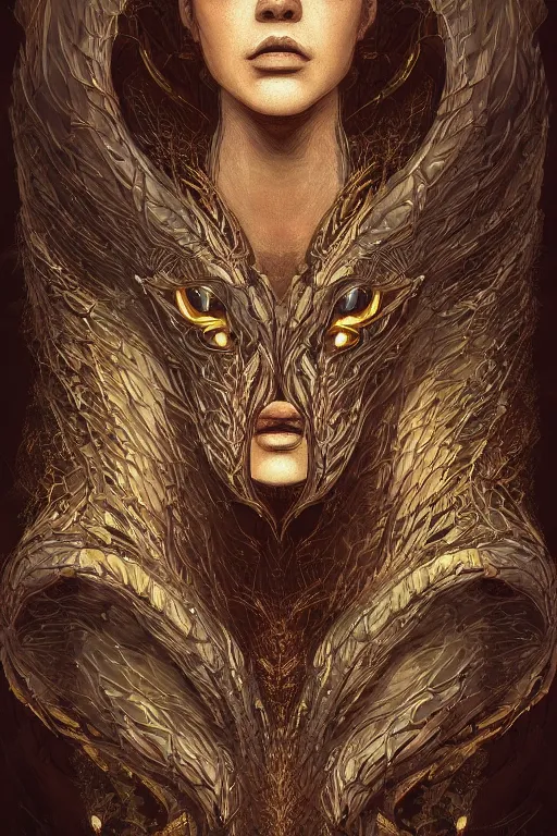 Image similar to portrait of jewel bone-dragon oracle physically accurate, moody dynamic lighting, very very intricate, very very elegant, highly detailed, digital painting, artstation, in the style of Rob Lefield and Dan Mumford , trending on artstation, digital art,surrealism ,macro,blueprint ,vaporwave ,