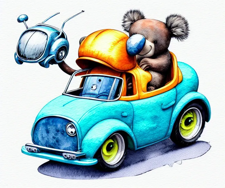 Image similar to cute and funny, koalabear wearing a helmet riding in a tiny hot rod with an oversized engine, ratfink style by ed roth, centered award winning watercolor pen illustration, isometric illustration by chihiro iwasaki, edited by range murata, tiny details by artgerm and watercolor girl, symmetrically isometrically centered, sharply focused