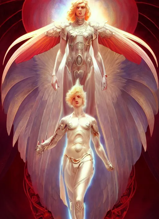 Image similar to the pale blond male angel of battle apollo smirking, sci fi, glowing eyes, volumetric lights, red and cyan theme, art nouveau botanicals, intricate, highly detailed, digital painting, artstation, concept art, smooth, sharp focus, cinematic, illustration, beautiful face, art by artgerm and greg rutkowski and alphonse mucha