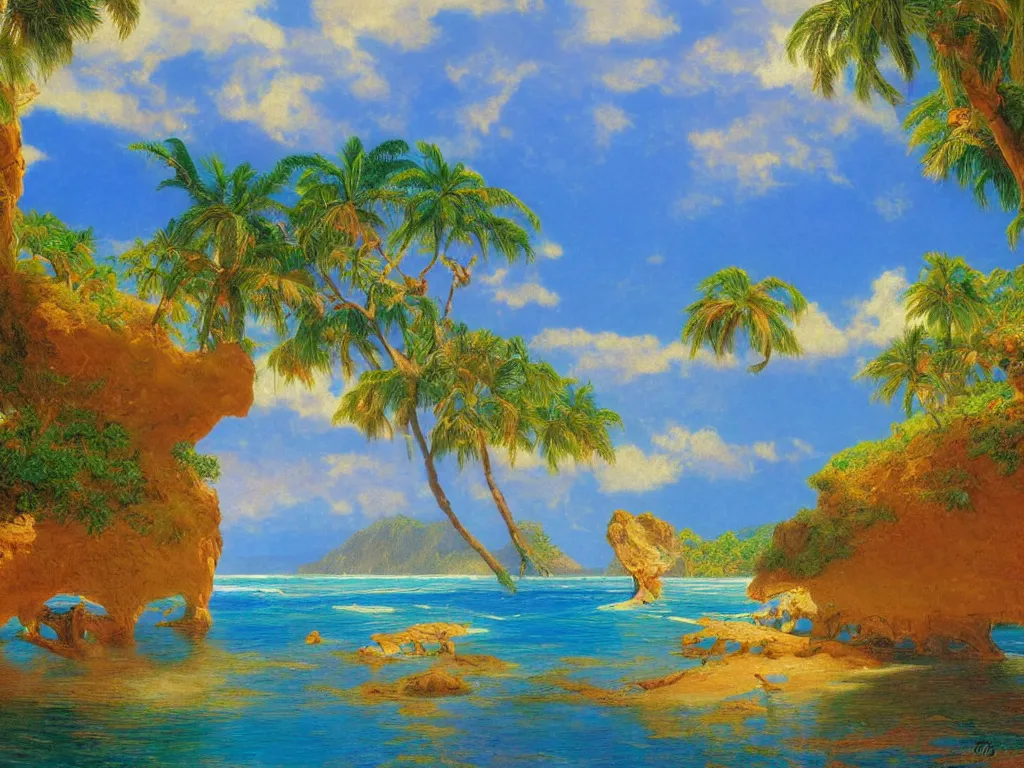 Image similar to Island beach cove at the center of the universe, Kauai, Sunlight Study, by Albert Bierstadt and ((((((((((Lisa Frank))))))))), Art Nouveau, 8k