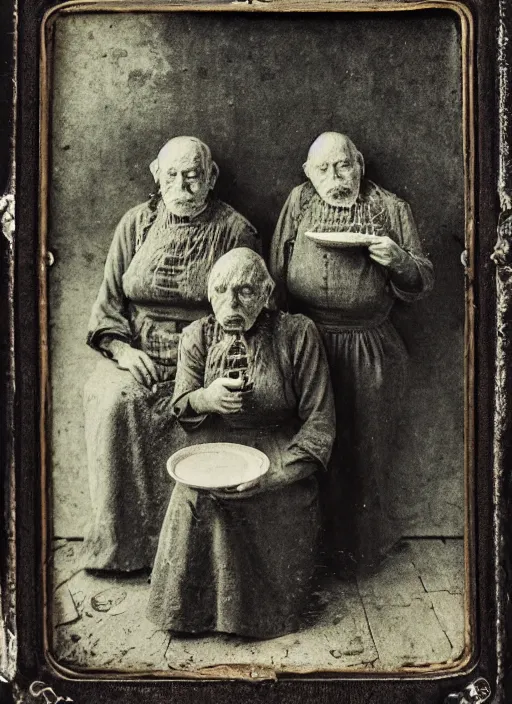 Image similar to old wetplate daguerreotype potato eaters by van gogh, fractal, intricate, elegant, highly detailed, parallax, leica, medium format, subsurface scattering, by jheronimus bosch and greg rutkowski and louis jacques mande daguerre