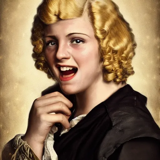 Image similar to laughing, singing, beautiful, intelligent, blonde female pirate captain 2 8 years old, 1 9 3 0 s haircut, fully clothed, wise, beautiful, 1 7 3 0 s oil painting, dramatic lighting, sharp focus