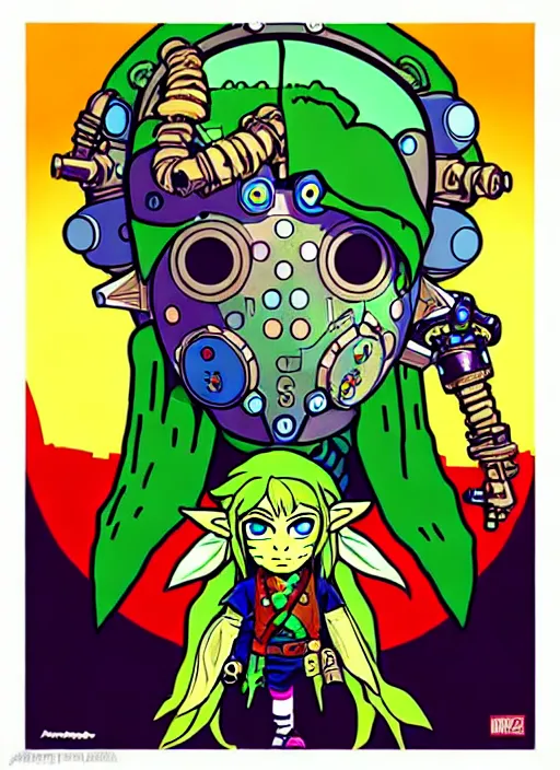 Image similar to biopunk majoras mask link from zelda!! portrait illustration, pop art, splash painting, art by geof darrow, ashley wood, alphonse mucha, makoto shinkai