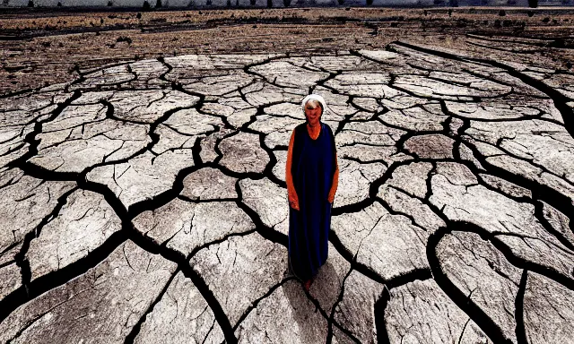 Image similar to medium shot of a nondescript crying ancient dried up Danu, peaceful, facing the camera and standing in front of a dried up river in a desolate land, dead trees, blue sky, hot and sunny, highly-detailed, elegant, dramatic lighting, artstation, 4k, cinematic landscape, photograph by Elisabeth Gadd, Zdzislaw Beksinski